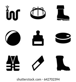 Set of 9 rubber filled icons such as stamp, child playground carousel, boot, water hose, hockey puck, life vest, eraser