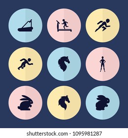 Set of 9 running filled icons such as rabbit, horse, treadmill, running