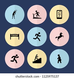 Set of 9 running filled icons such as exercising, man with case, running, horse, man climbing stairs, running man, finish, route and phone