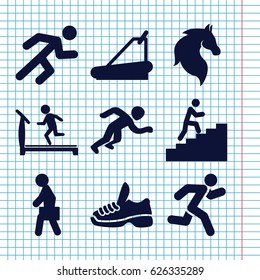 Set of 9 running filled icons such as horse, treadmill, running, man with case, trainers