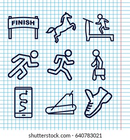 Set of 9 running outline icons such as treadmill, running, man with case, horse, trainers, running man, finish