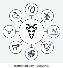 Set of 9 rural outline icons such as bull skull, goat, turkey, hay, mill