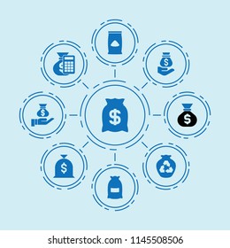 Set of 9 sack filled icons such as bag, money sack on hand, garbage, cement bag