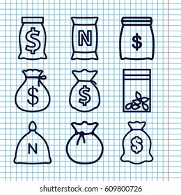 Set of 9 sack outline icons such as sack, bag with ground
