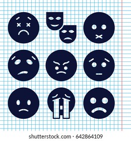 Set of 9 sad filled icons such as sad emot, angry emot, crying emoji, mask