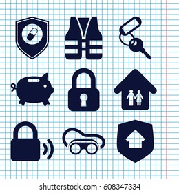 Set of 9 safe filled icons such as key, welding glasses, health insurance, family home, home security, life vest, lock