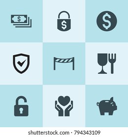 Set of 9 safe filled icons such as money, money lock, insurance, road barrier, health insurance, dollar, piggy bank, unlock