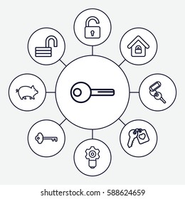 Set of 9 safe outline icons such as pig, opened lock, key, heart key, lock home