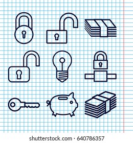 Set of 9 safe outline icons such as lock, key, money box, money, open lock