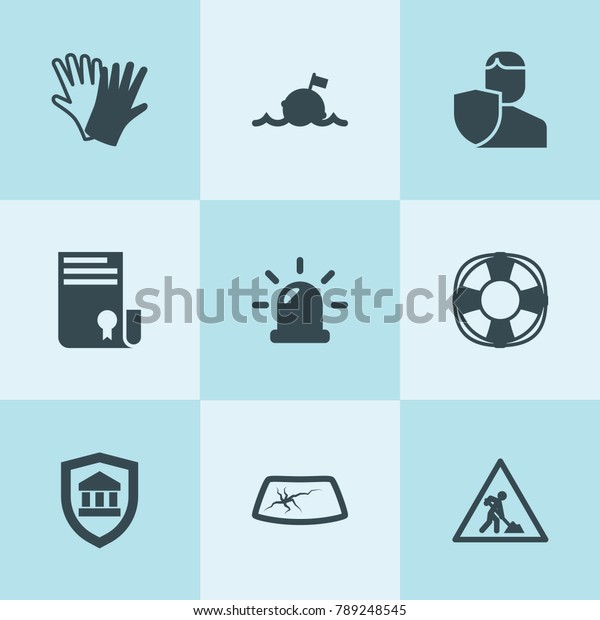 Set of 9 safety filled icons such as\
sertificate, car window repair, siren, gloves, insurance, road\
working sign, bank insurance,\
lifebuoy