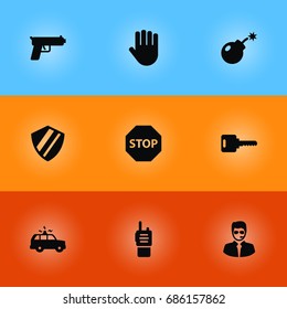 Set Of 9 Safety Icons Set.Collection Of Open, Security Man, Patrol And Other Elements.