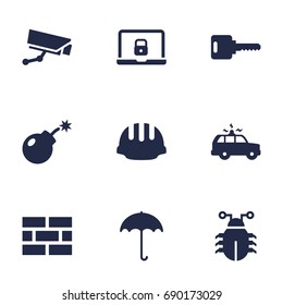 Set Of 9 Safety Icons Set.Collection Of Hardhat, Open, Dynamite And Other Elements.