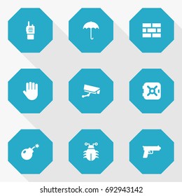 Set Of 9 Safety Icons Set.Collection Of Insurance, Virus, Fence And Other Elements.