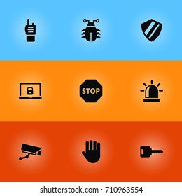 Set Of 9 Safety Icons Set.Collection Of Virus, Walkie-Talkie, Open And Other Elements.
