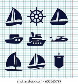 Set of 9 sail filled icons such as boat, sailboat, helm, sail