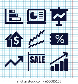 Set of 9 sales filled icons such as graph, chart on display, sale, ticket on sale, dolar growth