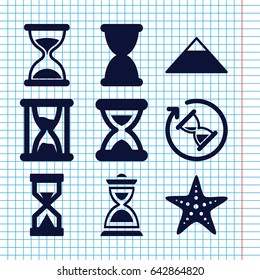 Set of 9 sand filled icons such as pyramid, hourglass