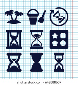 Set of 9 sand filled icons such as bucket toy for beach, from toy for beach, hourglass