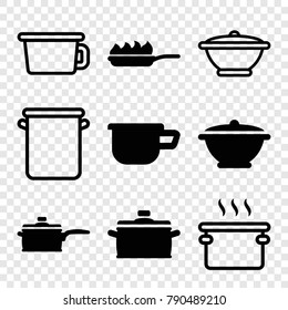 Set of 9 saucepan filled and outline icons such as pan, pan-fry