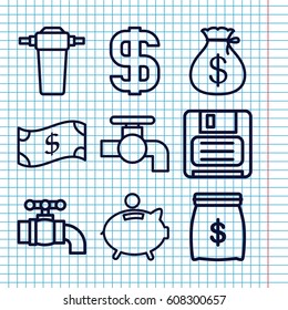 Set of 9 save outline icons such as Money sack, tap, diskette, piggy bank, dollar, money sack