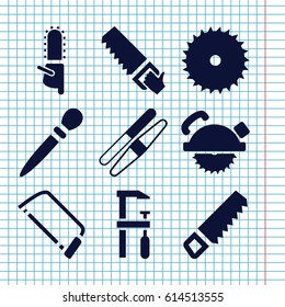 Set of 9 saw filled icons such as nail sawing, sawing, saw, blade saw