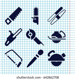 Set of 9 saw filled icons such as nail sawing, sawing, saw, saw blade