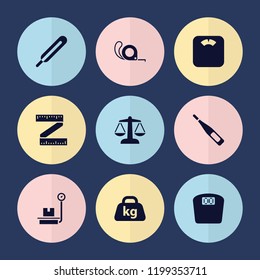 Set of 9 scale filled icons such as themometer, weight, floor scales, scales, measure ruler, luggage weight, thermometer