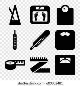 Set of 9 scale filled icons such as thermometer, floor scales, metronome, measuring tape, measure ruler