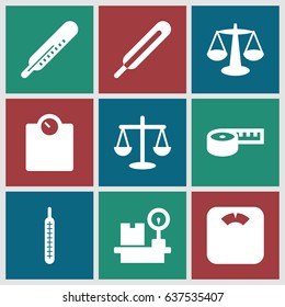 set of 9 scale filled icons such as thermometer, themometer, lugagge weight, scales, measuring tape, floor scales