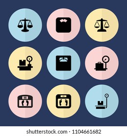 Set of 9 scales filled icons such as lugagge weight, floor scales