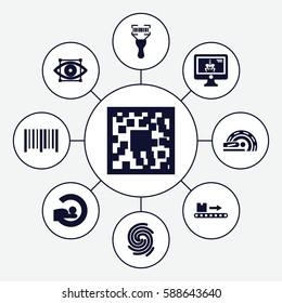 Set of 9 scan filled icons such as MRI, bar code, bar code scanner, luggage scan, x-ray on display, finger print, eye scan