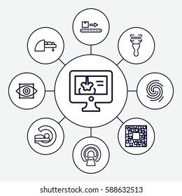 Set of 9 scan outline icons such as MRI, bar code scanner, luggage scan, x-ray on display, finger print, eye scan