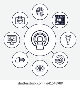 Set of 9 scan outline icons such as briefcase with weapon, bar code scanner, x-ray on display, finger print, eye scan