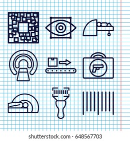 Set of 9 scan outline icons such as briefcase with weapon, mri, bar code, bar code scanner, luggage scan, eye scan