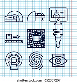 Set of 9 scan outline icons such as mri, bar code scanner, luggage scan, x-ray on display, finger print, eye scan