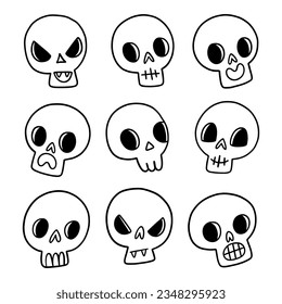 Set of 9 scary outlined skulls for Halloween party decorations, vector illustrations, isolated on white background