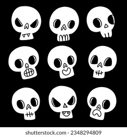 Set of 9 scary skulls for Halloween party decorations, vector illustrations, isolated on black background