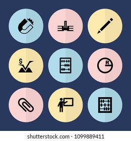 Set of 9 school filled icons such as pen, teacher, magnet, abacus, circle, school, clip