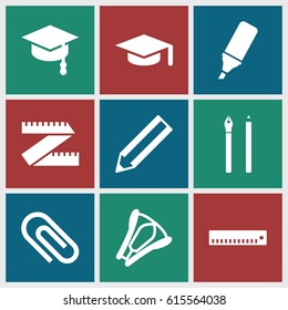 set of 9 school filled icons such as pencil, highlighter, stapler, arrows up, graduation hat, pen, ruler, clip