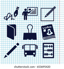 Set of 9 school filled icons such as airport bus, pen, magazine, abacus, ink pen, paper and pen, paper clamp, teacher