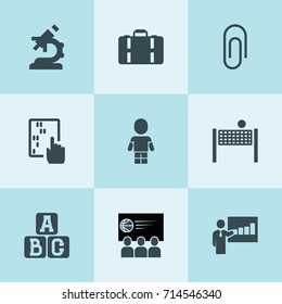Set of 9 school filled icons such as lecturer, abacus, clip, a b c cube, boy, microscope, volleyball, suitcase