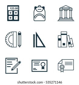 Set Of 9 School Icons. Includes Electronic Tool, Certificate, Education Tools And Other Symbols. Beautiful Design Elements.