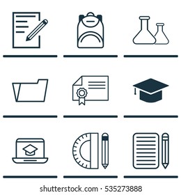 Set Of 9 School Icons. Includes Haversack, Distance Learning, Document Case And Other Symbols. Beautiful Design Elements.