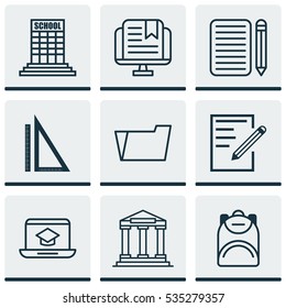 Set Of 9 School Icons. Includes Paper, Haversack, Distance Learning And Other Symbols. Beautiful Design Elements.