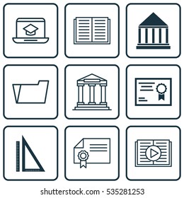Set Of 9 School Icons. Includes Opened Book, Certificate, Distance Learning And Other Symbols. Beautiful Design Elements.