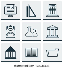 Set Of 9 School Icons. Includes Measurement, Chemical, E-Study And Other Symbols. Beautiful Design Elements.