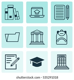 Set Of 9 School Icons. Includes Haversack, Library, Paper And Other Symbols. Beautiful Design Elements.