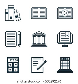 Set Of 9 School Icons. Includes Paper, College, Home Work And Other Symbols. Beautiful Design Elements.