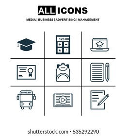 Set Of 9 School Icons. Includes Transport Vehicle, Certificate, Electronic Tool And Other Symbols. Beautiful Design Elements.