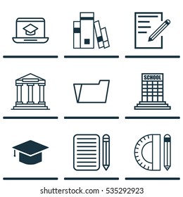 Set Of 9 School Icons. Includes Graduation, College, Library And Other Symbols. Beautiful Design Elements.